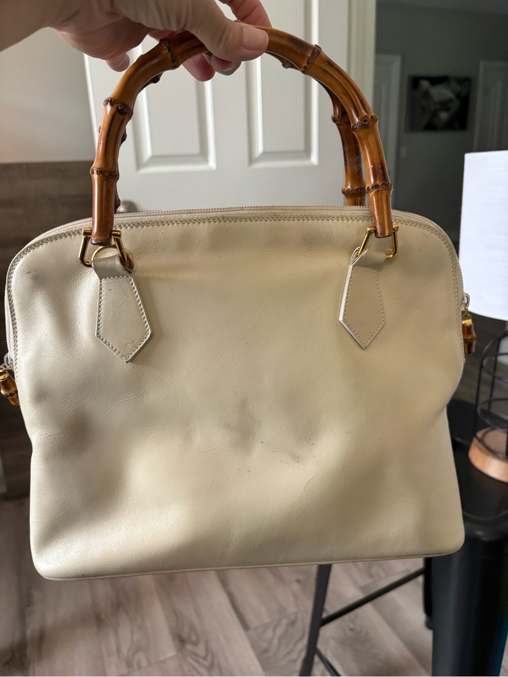 VTG Gucci Off-White Leather Bamboo Top Handle Tote Bag AS IS